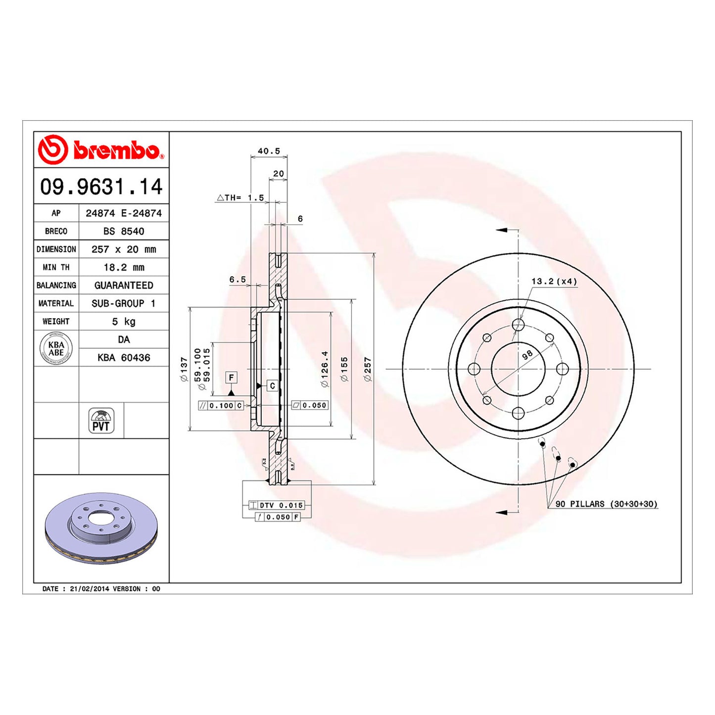 Wentylowana przednia tarcza hamulcowa Brembo 257 Ø