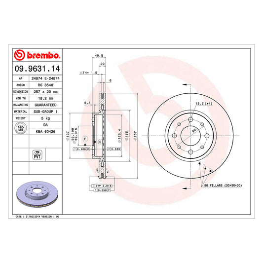 Wentylowana przednia tarcza hamulcowa Brembo 257 Ø