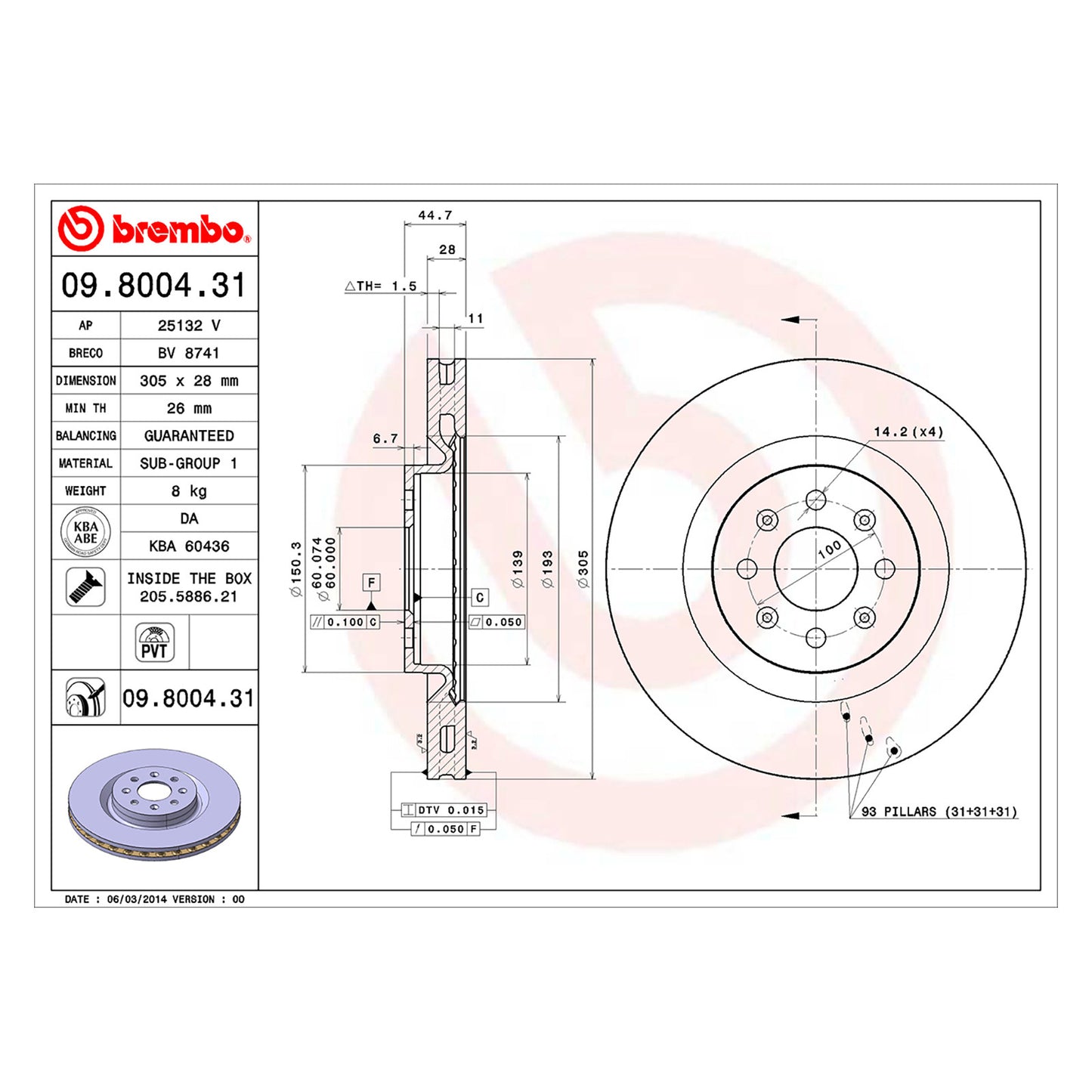 Tarcze hamulcowe wentylowane wewnętrznie, powlekane Brembo Ø 305 mm