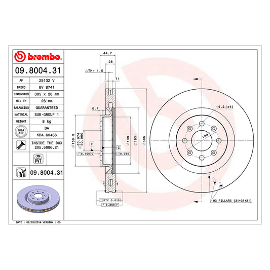 Tarcze hamulcowe wentylowane wewnętrznie, powlekane Brembo Ø 305 mm