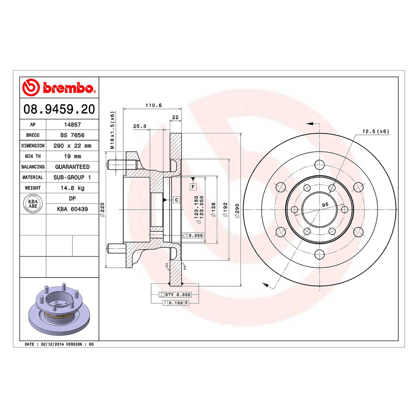 Tarcza hamulcowa przednia pełna Brembo Średnica centrowania 123 mm