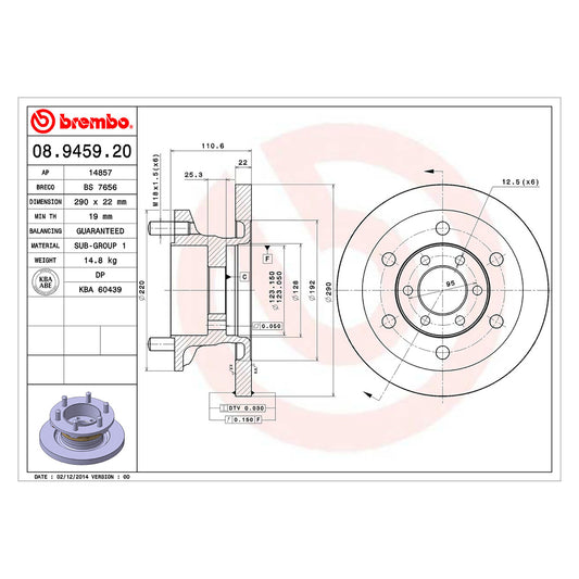 Tarcza hamulcowa przednia pełna Brembo Średnica centrowania 123 mm