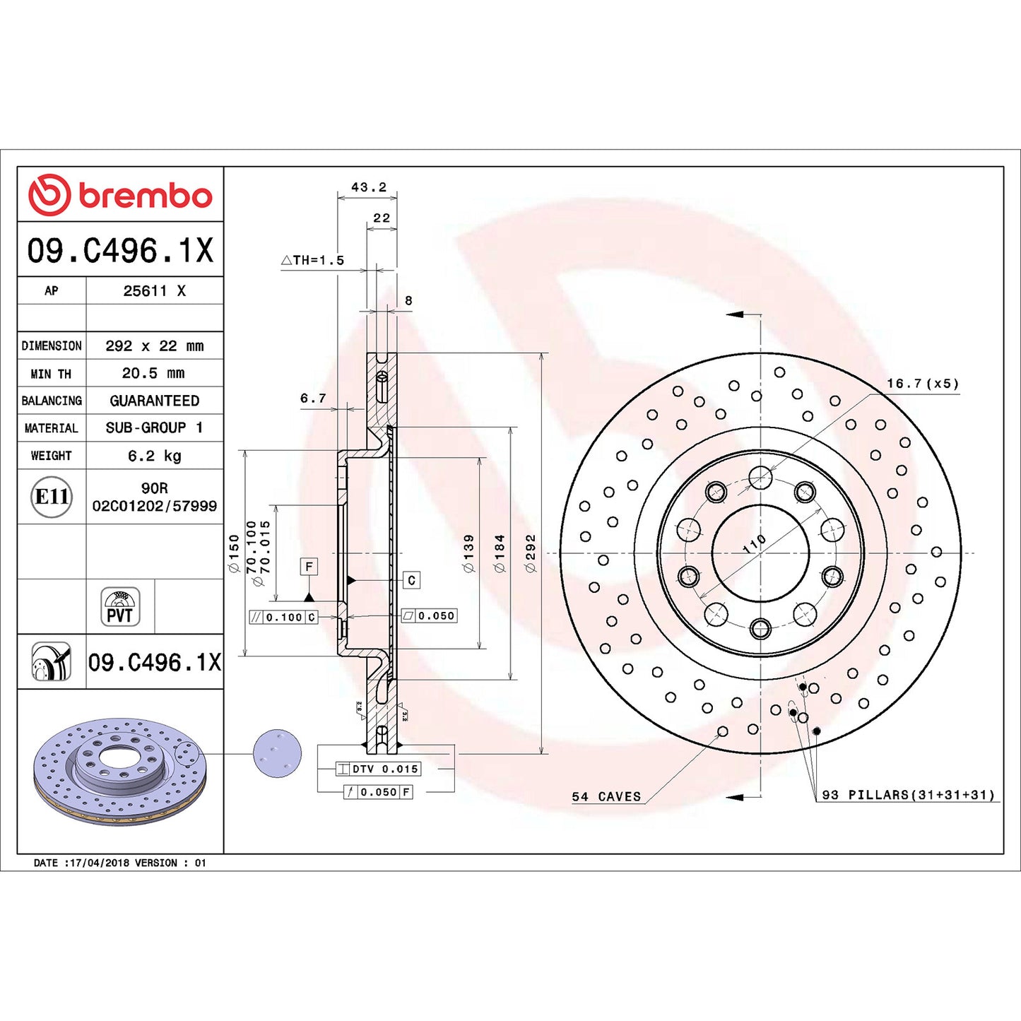 Tarcza hamulcowa Brembo XTRA-LINE tylna, powlekana, wentylowana wewnętrznie, średnica 292 mm