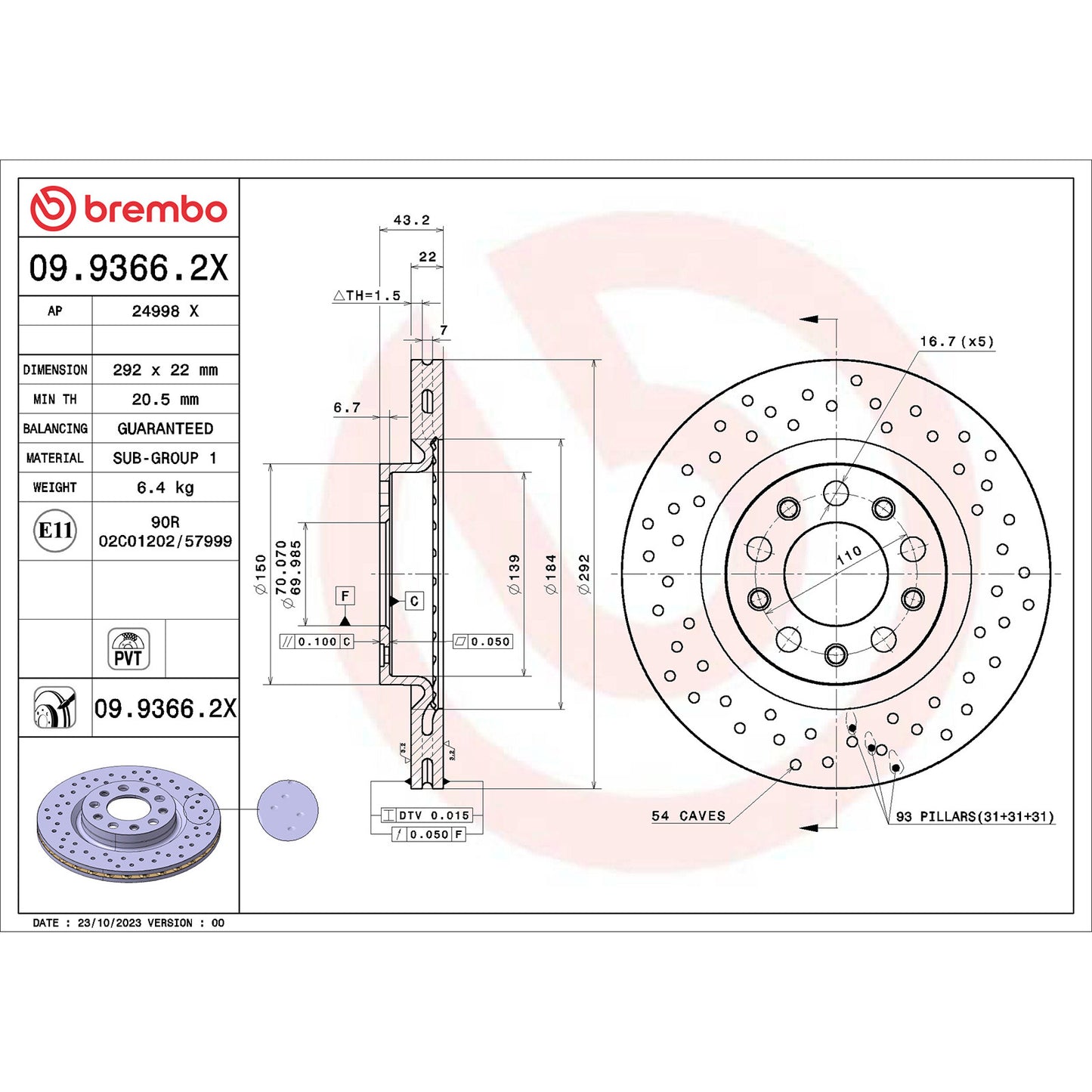 Tarcza hamulcowa Brembo XTRA-LINE tylna wentylowana wewnętrznie powlekana 292 Ø