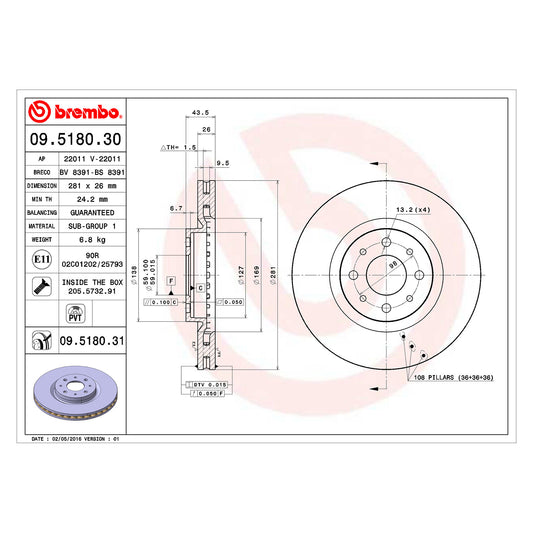 Wentylowana przednia tarcza hamulcowa Brembo 281 mm
