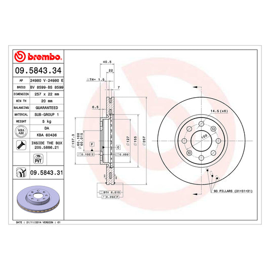 Przednia tarcza hamulcowa z powłoką, wentylowana wewnętrznie Brembo Ø 257 mm