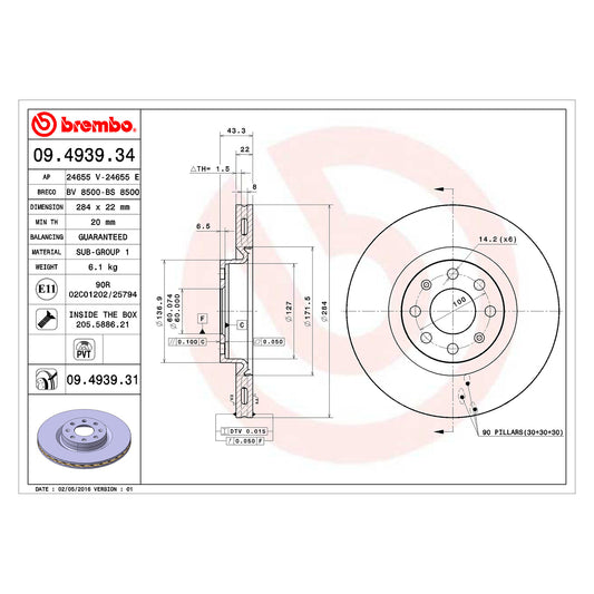 Przednia tarcza hamulcowa z powłoką, wentylowana, Ø 284 mm, Brembo