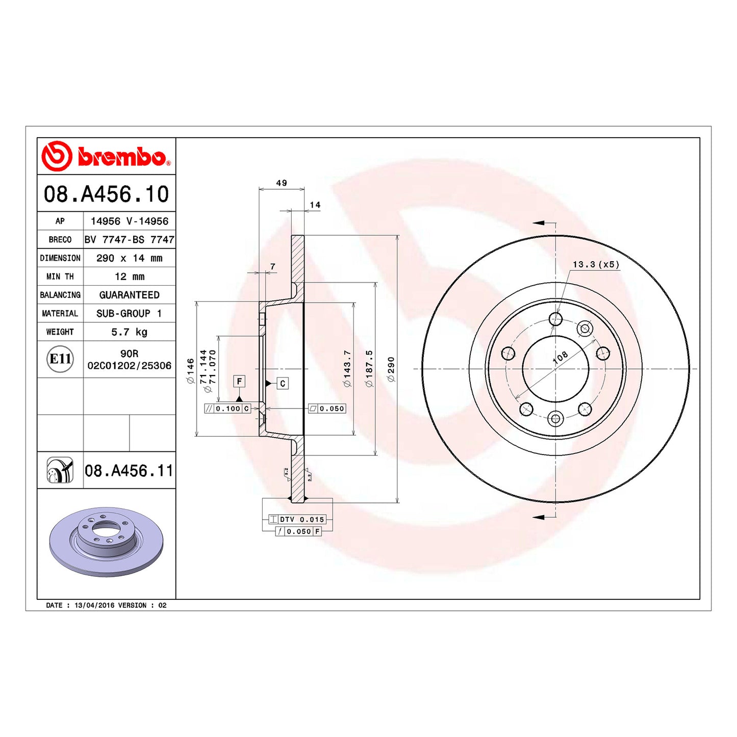 Tylna tarcza hamulcowa powlekana, pełna, 290 Ø D=14 mm Brembo