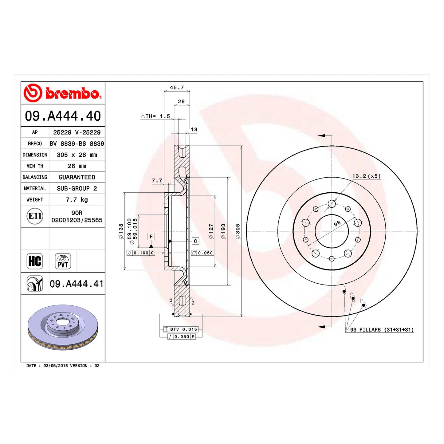 Tarcze hamulcowe przednie powlekane, wentylowane wewnętrznie Brembo 305 Ø D=28 mm