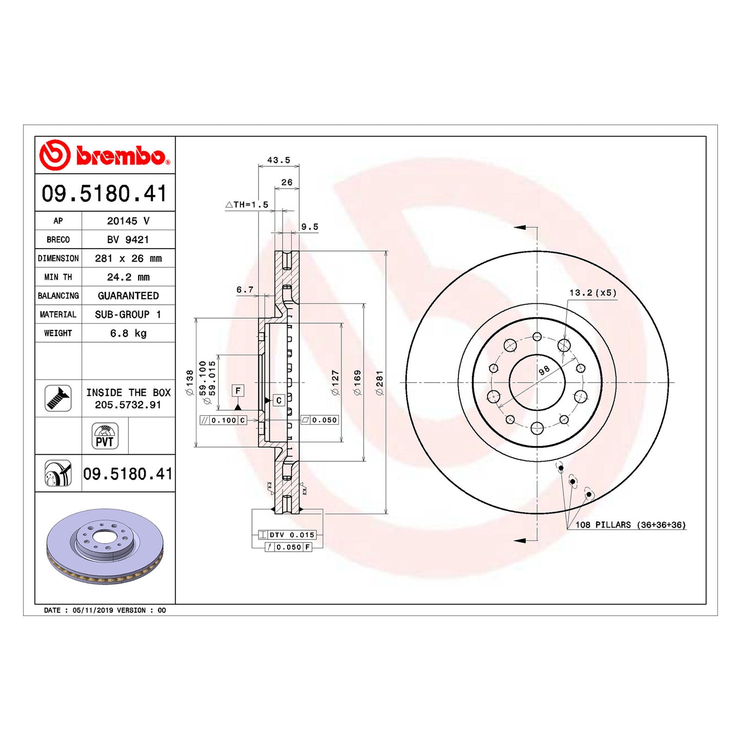 Przednia tarcza hamulcowa Brembo z powłoką, wentylowana wewnętrznie, średnica 281 mm