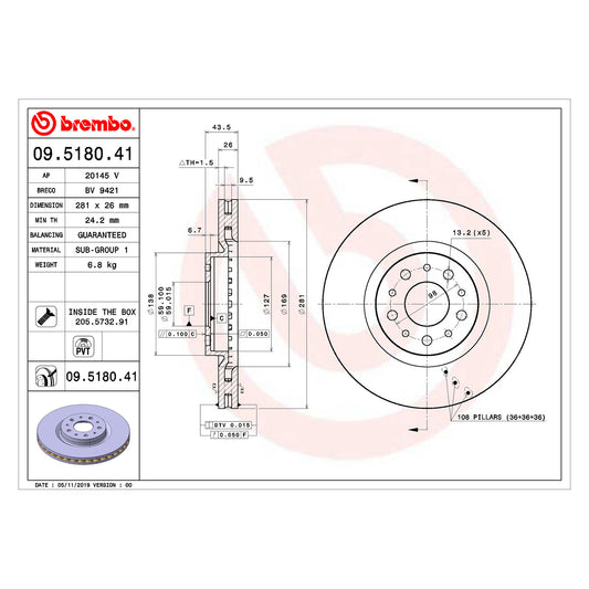Przednia tarcza hamulcowa Brembo z powłoką, wentylowana wewnętrznie, średnica 281 mm