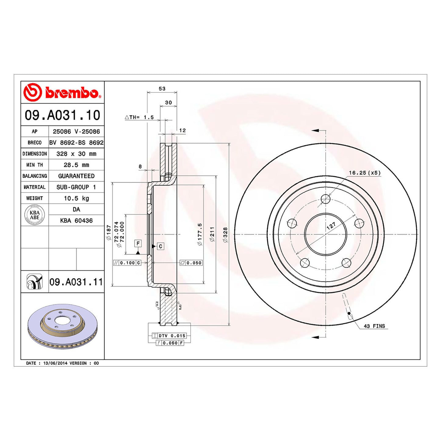 Przednia wentylowana tarcza hamulcowa 328 Ø mm Brembo