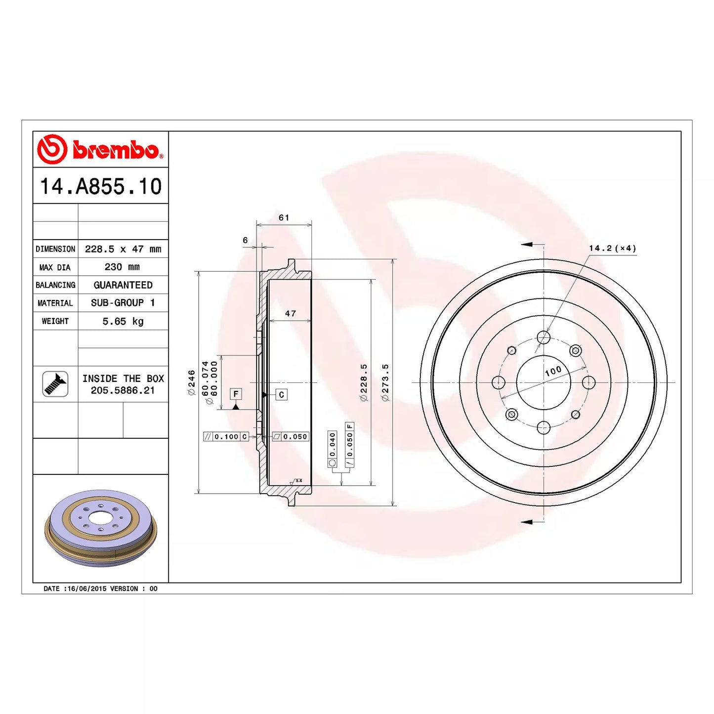 Trzpień hamulcowy tylny Ø 228,3 mm 61 B Brembo