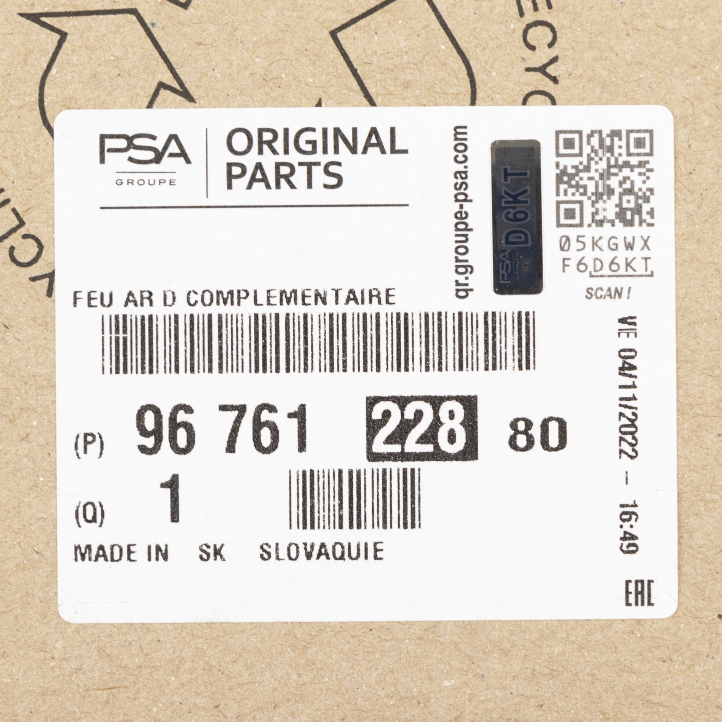 Prawe tylne światło przeciwmgielne PSA OE 9676122880