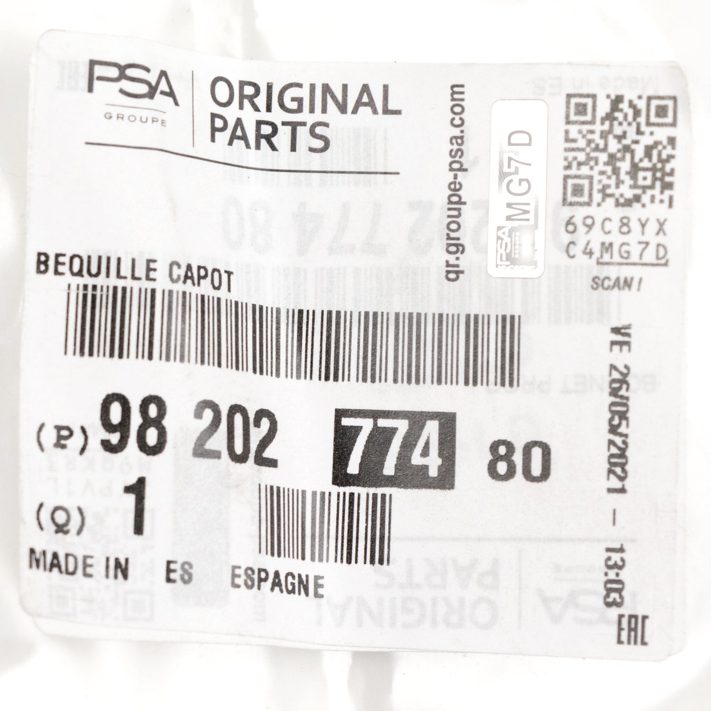 Podnośnik maski silnika PSA OE 9820277480