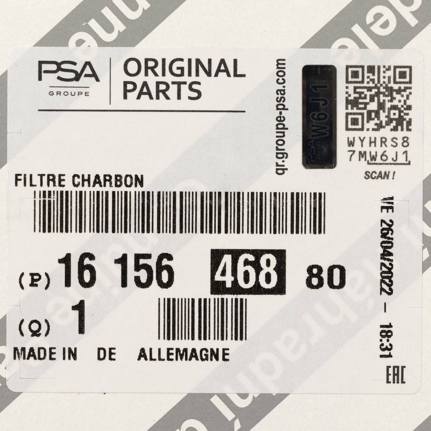 Filtr węglowy do wnętrza pojazdu PSA OE 1615646880