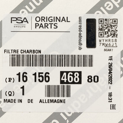 Filtr węglowy do wnętrza pojazdu PSA OE 1615646880