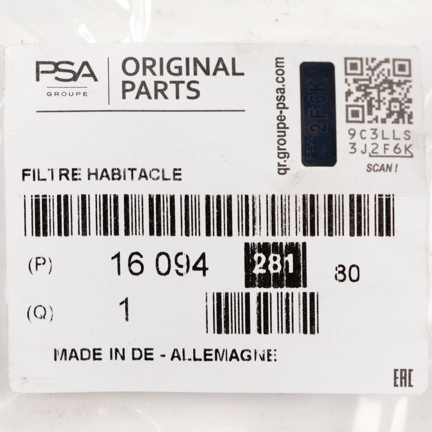 Filtr kabinowy z węglem aktywnym PSA OE 1609428180