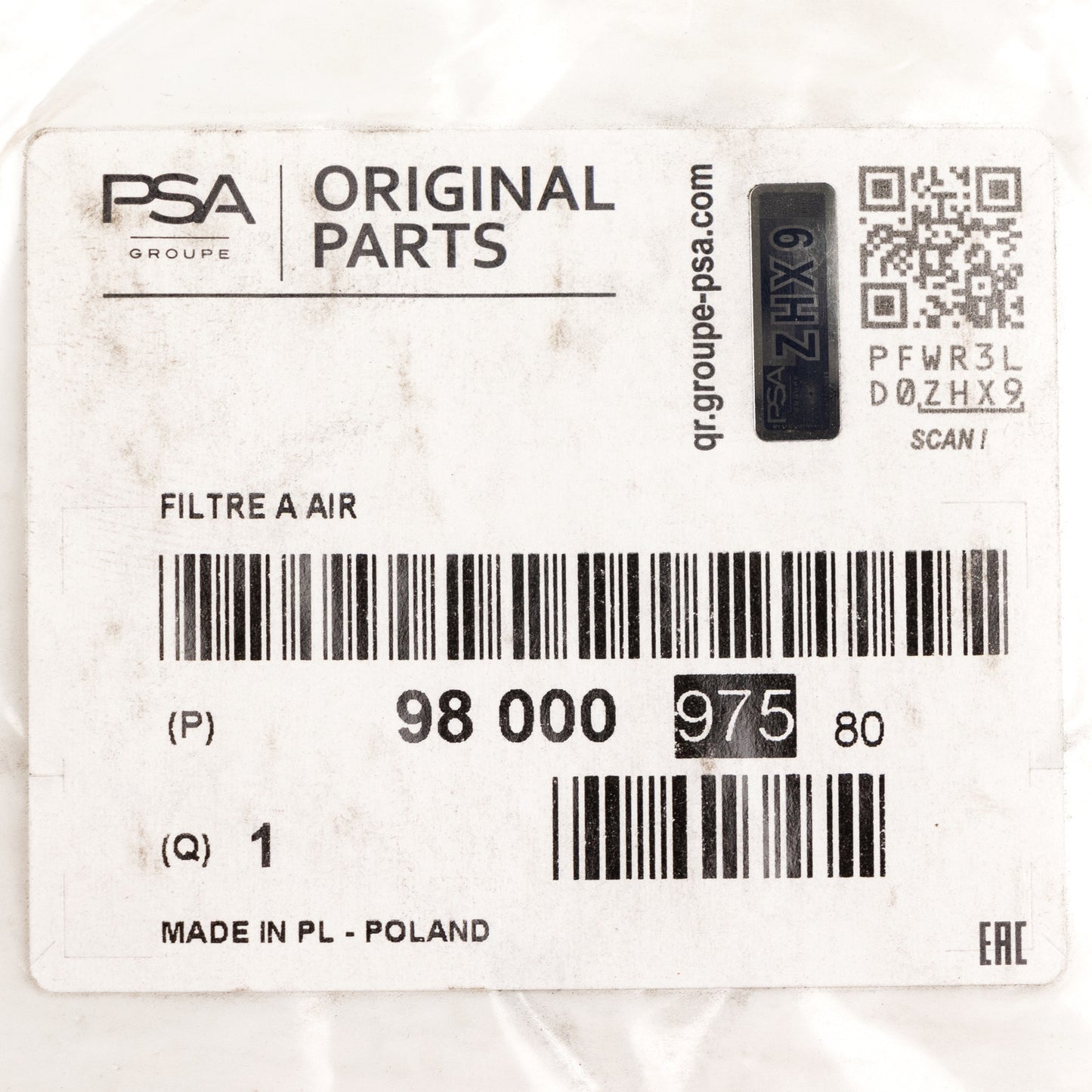 Wkład filtra powietrza PSA OE 9800097580