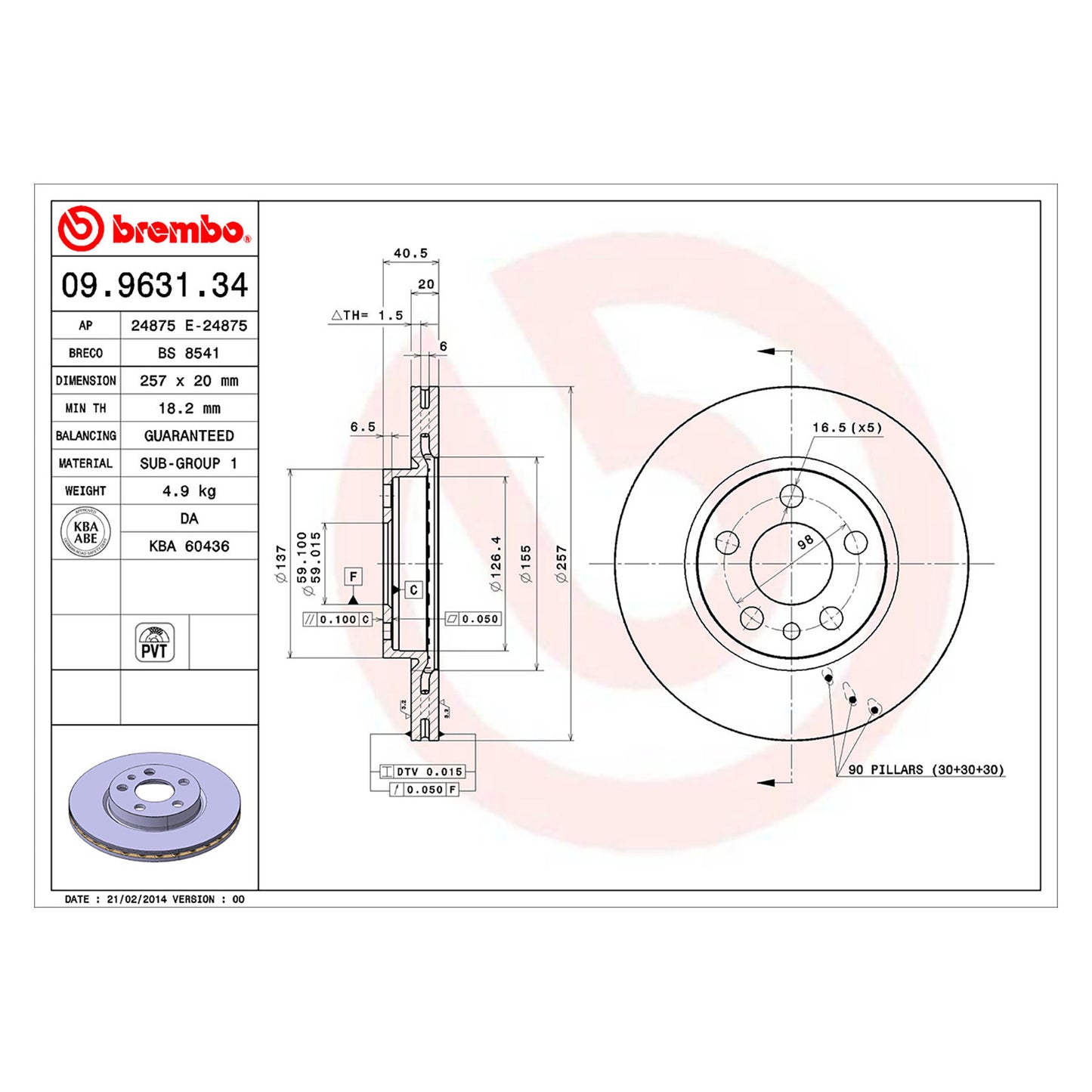 Wentylowana przednia tarcza hamulcowa Brembo 257 Ø