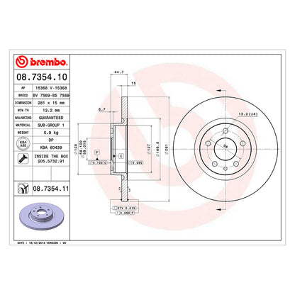Przednia tarcza hamulcowa powlekana Brembo 281 Ø 15 mm