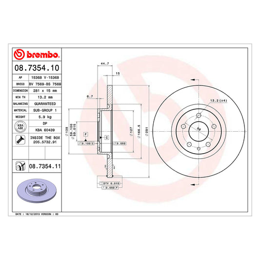 Przednia tarcza hamulcowa powlekana Brembo 281 Ø 15 mm