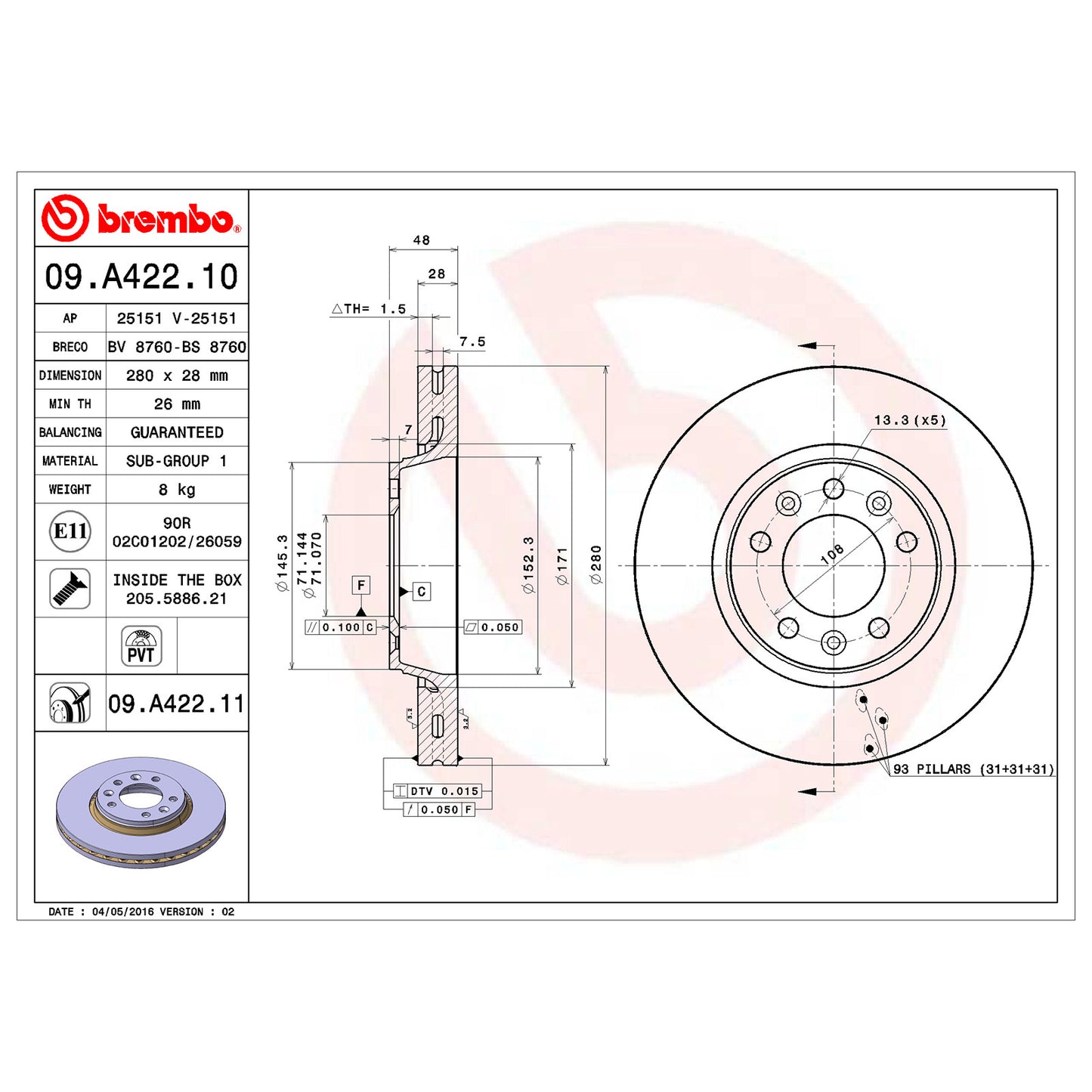 Przednia tarcza hamulcowa Brembo wentylowana 280 mm