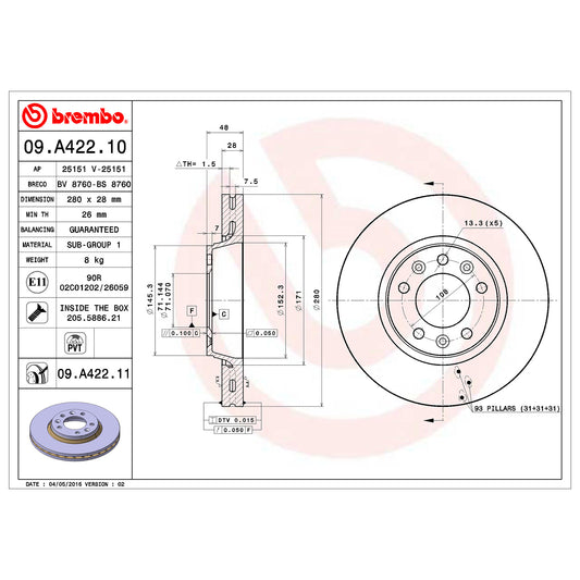 Przednia tarcza hamulcowa Brembo wentylowana 280 mm