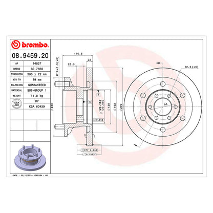 Tarcza hamulcowa przednia pełna Brembo Średnica centrowania 123 mm
