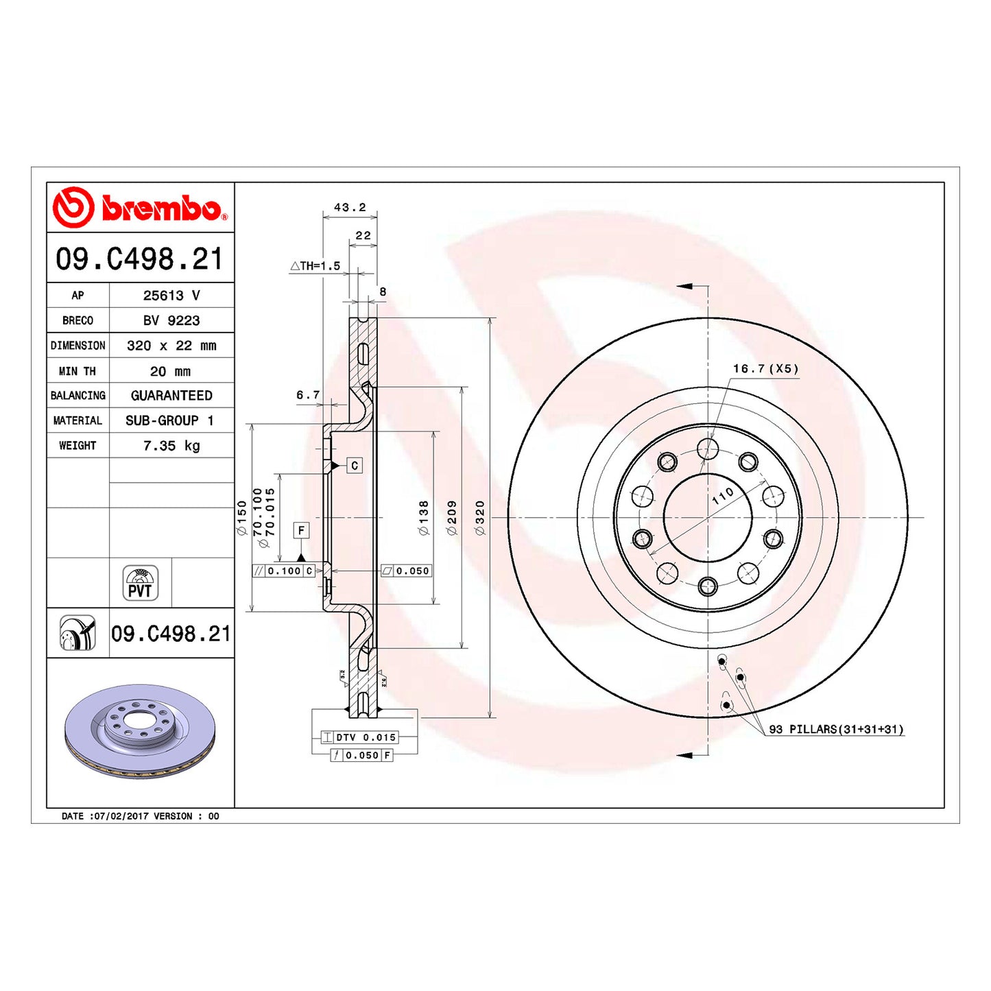 Tylna tarcza hamulcowa powlekana, wentylowana, średnica 320 mm, Brembo