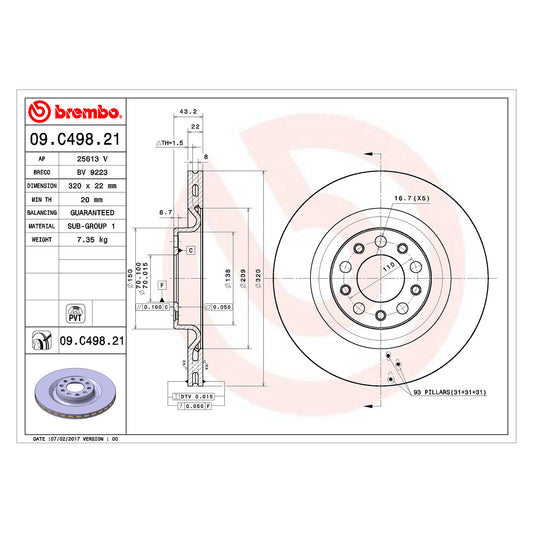 Tylna tarcza hamulcowa powlekana, wentylowana, średnica 320 mm, Brembo