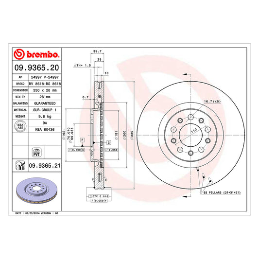 Przednia tarcza hamulcowa 330 Ø, powlekana, wentylowana Brembo