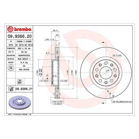 Tylna tarcza hamulcowa wentylowana, powlekana, średnica 292 mm, Brembo
