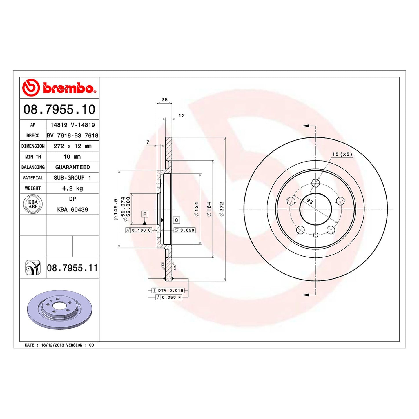 Tylna tarcza hamulcowa powlekana, pełna, 272 Ø mm, Brembo