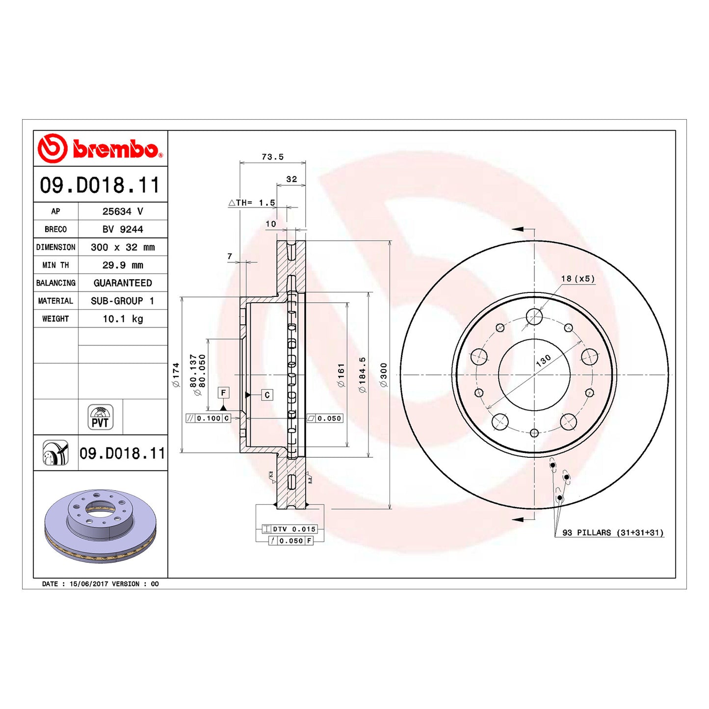 Przednia tarcza hamulcowa Brembo wentylowana wewnętrznie, powlekana 300 Ø D=32 mm
