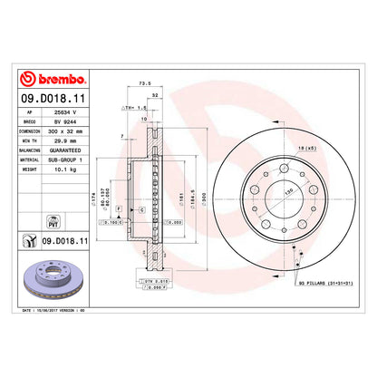 Przednia tarcza hamulcowa Brembo wentylowana wewnętrznie, powlekana 300 Ø D=32 mm