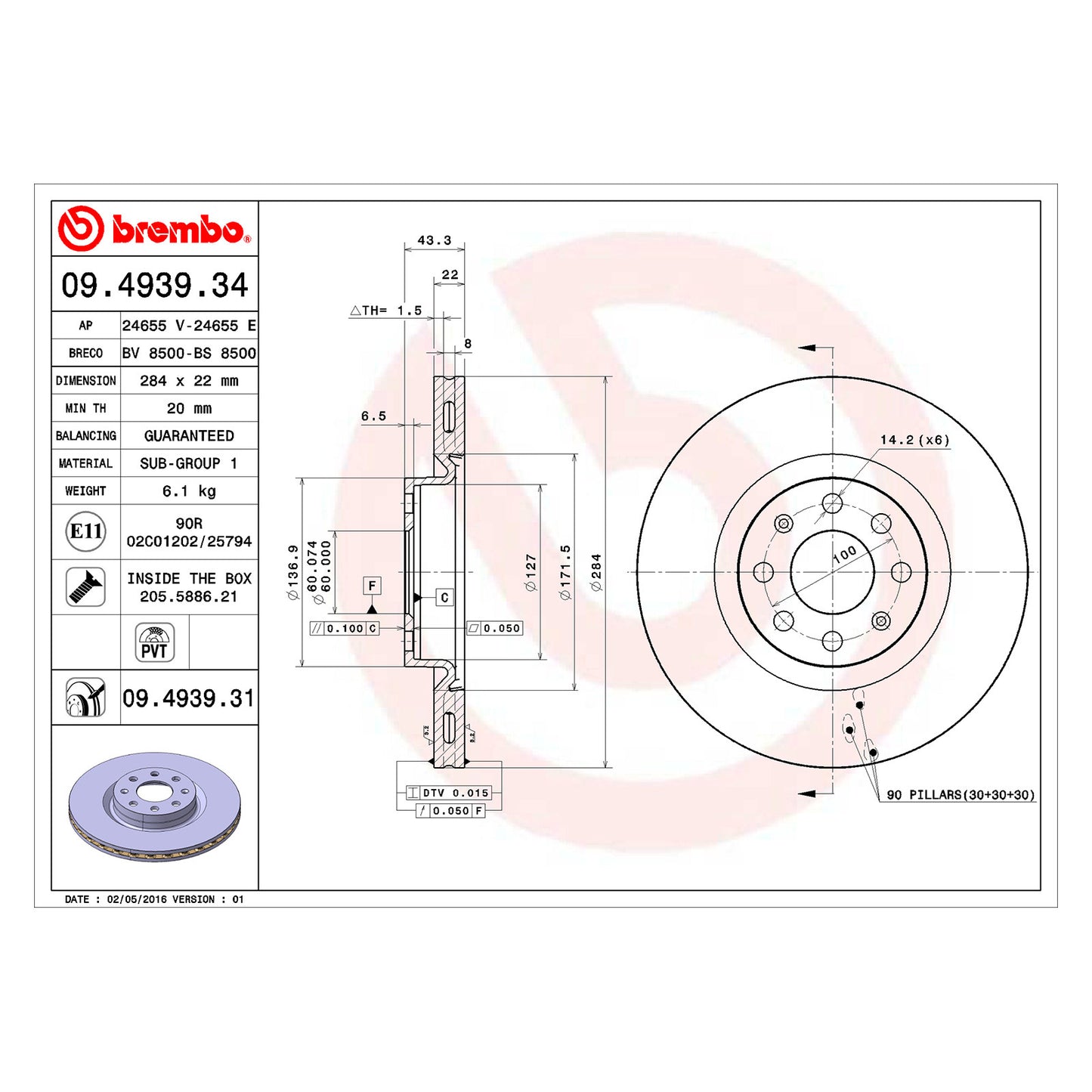 Przednia tarcza hamulcowa z powłoką, wentylowana, Ø 284 mm, Brembo