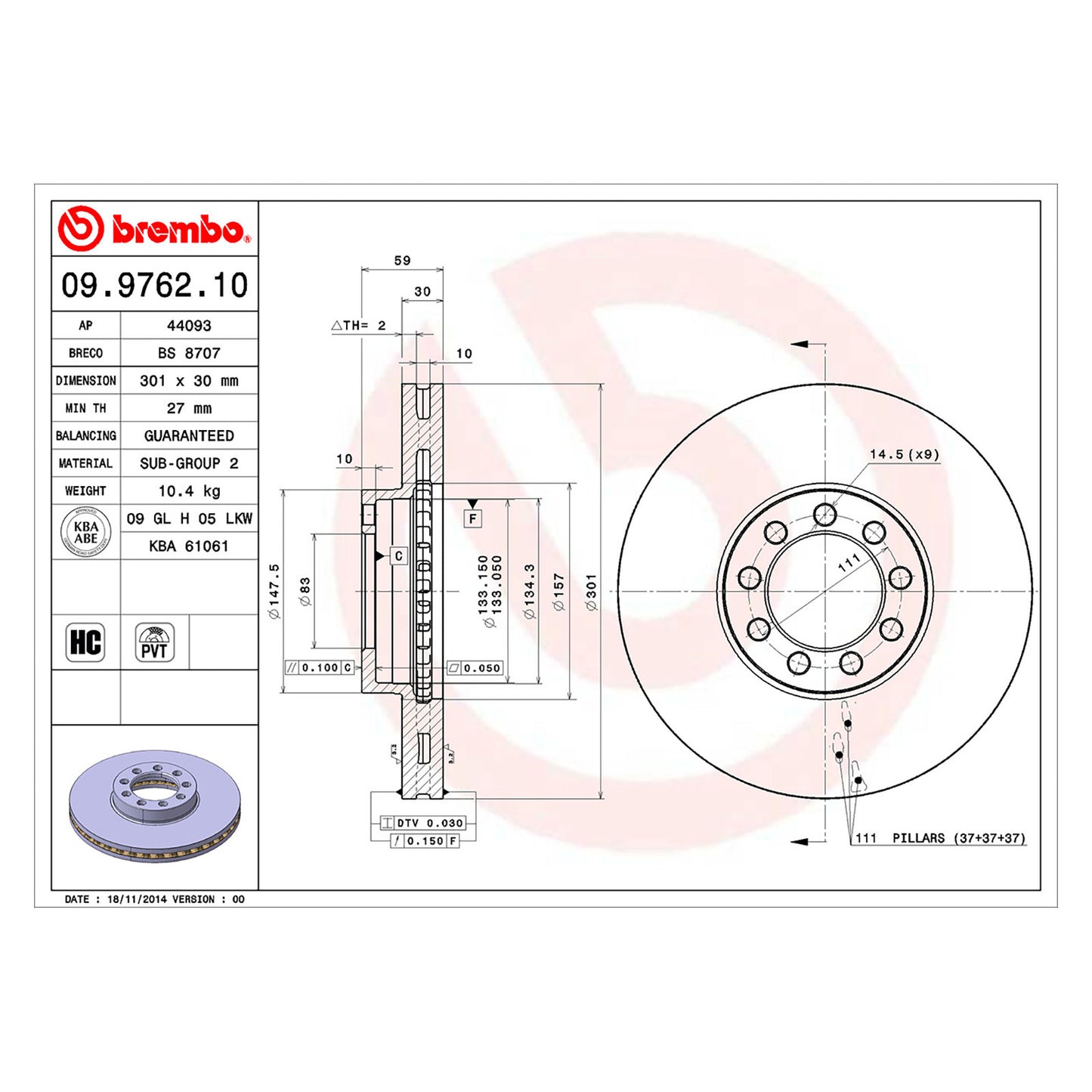 Przednia wentylowana tarcza hamulcowa 300 Ø D=30 mm Brembo