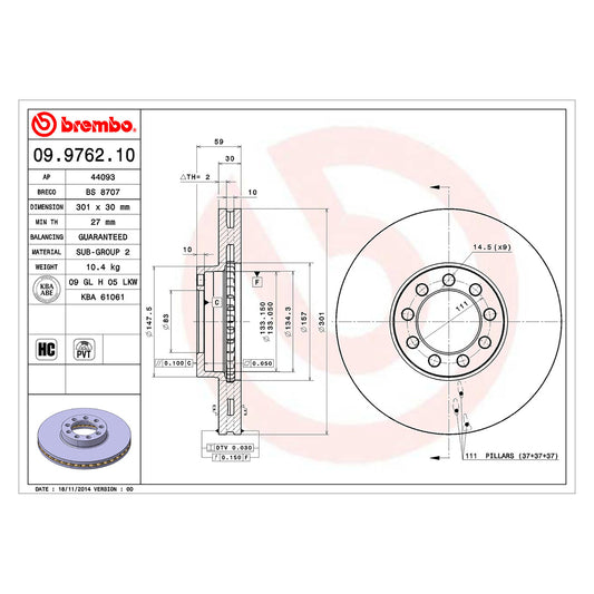 Przednia wentylowana tarcza hamulcowa 300 Ø D=30 mm Brembo