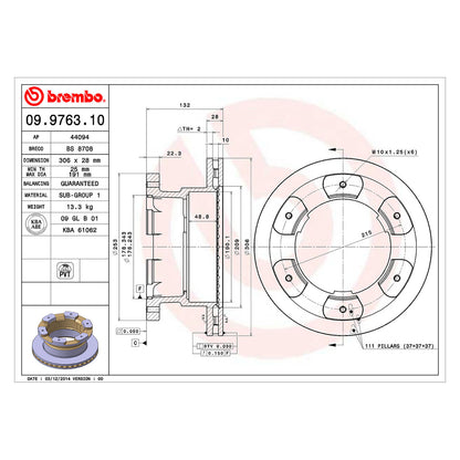 Tarcza hamulcowa tylna wentylowana 306 Ø D=28 mm Brembo