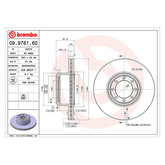 Tarcza hamulcowa tylna wentylowana 294 Ø D=28 mm Brembo