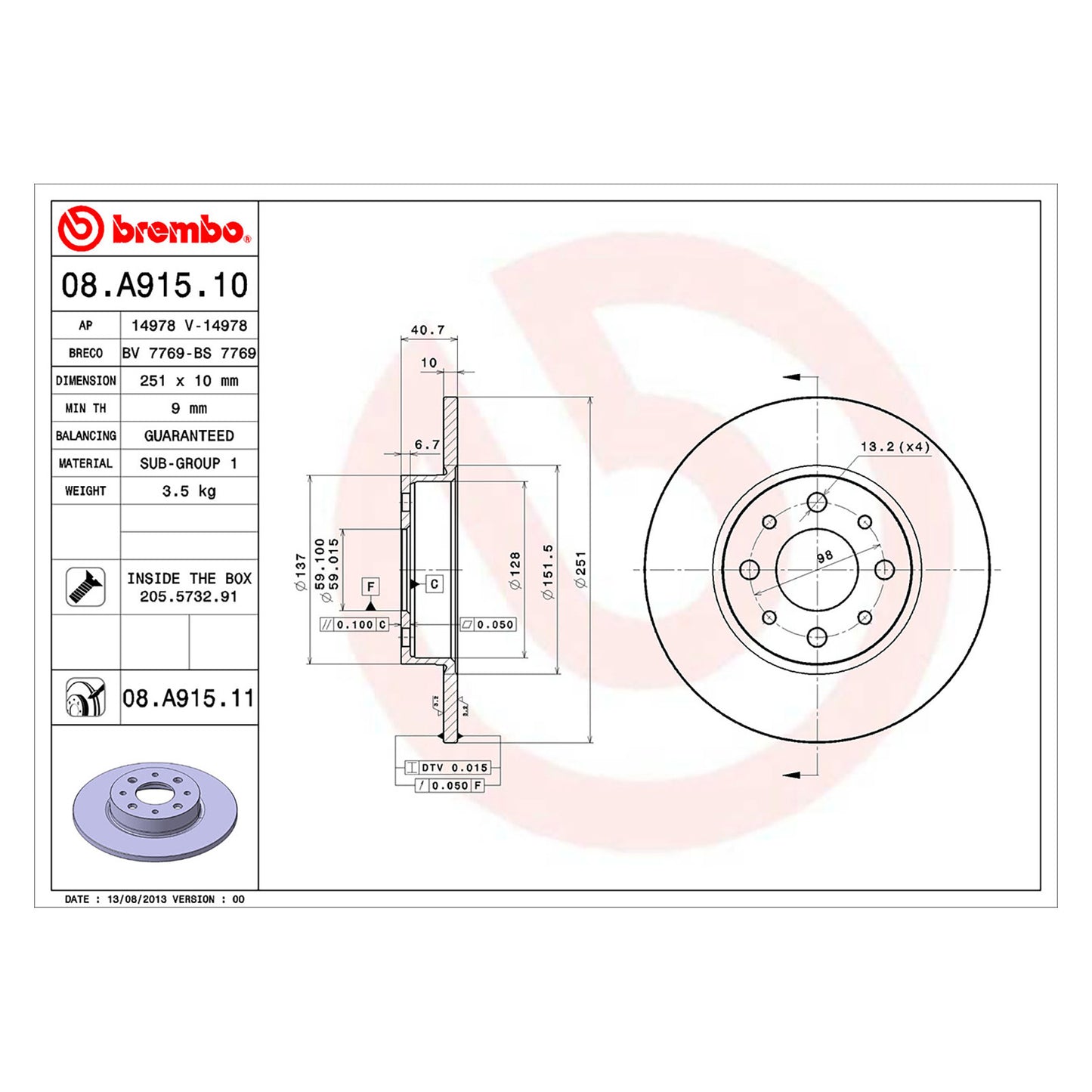 Tylna tarcza hamulcowa powlekana, pełna, Brembo 251 Ø D=10 mm