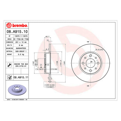 Tylna tarcza hamulcowa powlekana, pełna, Brembo 251 Ø D=10 mm