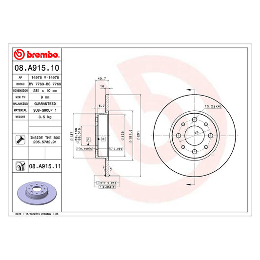 Tylna tarcza hamulcowa powlekana, pełna, Brembo 251 Ø D=10 mm