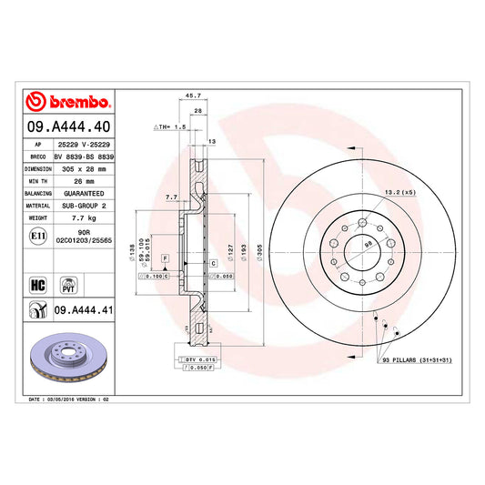 Tarcze hamulcowe przednie powlekane, wentylowane wewnętrznie Brembo 305 Ø D=28  mm