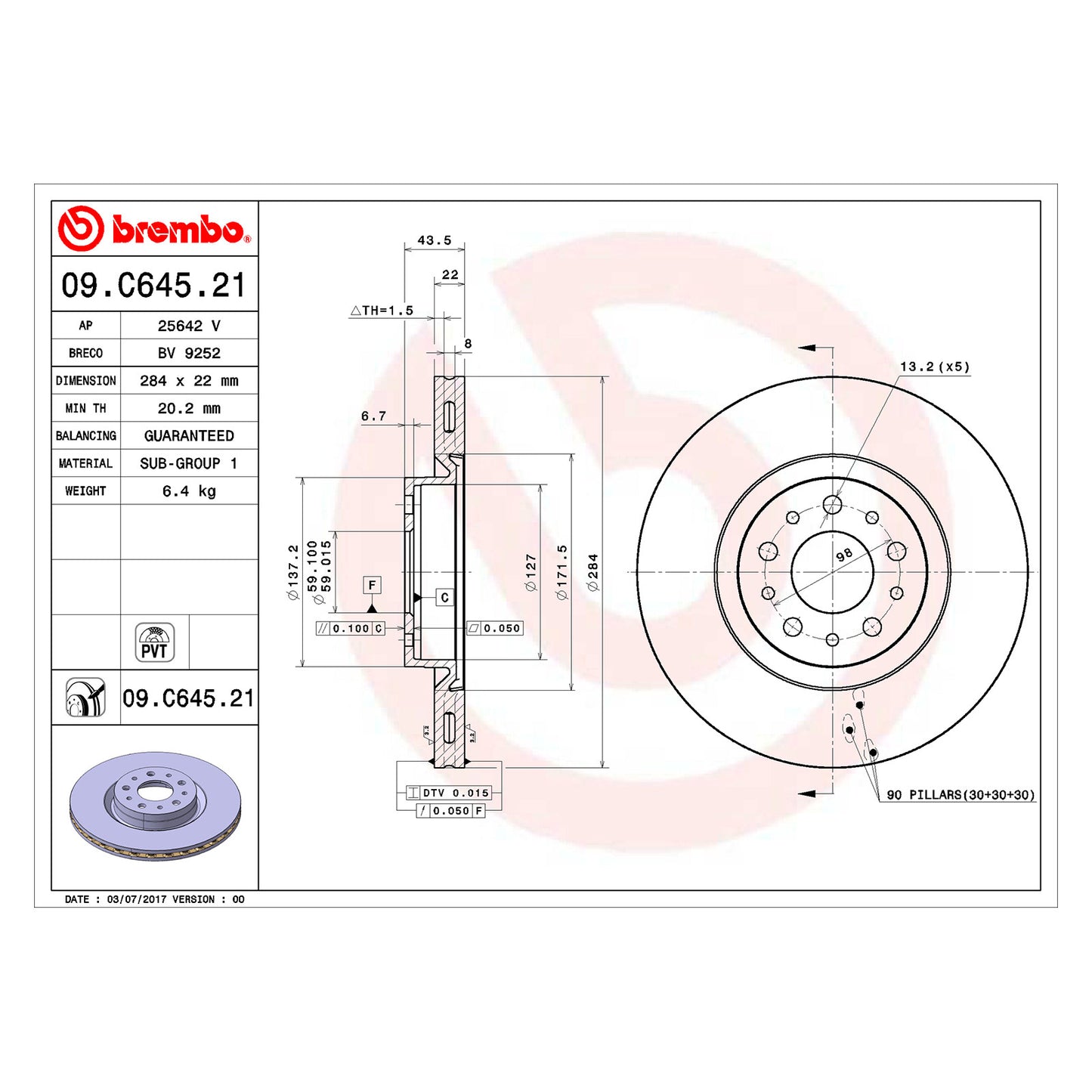 Przednia tarcza hamulcowa 284 Ø mm Brembo