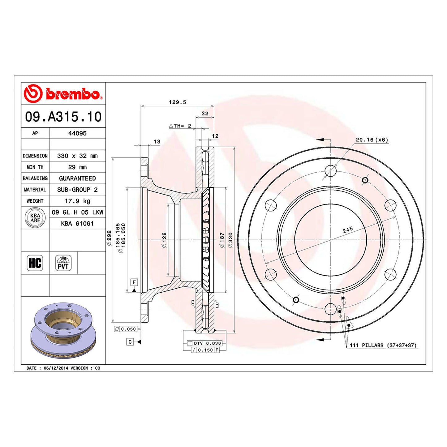 Tarcza hamulcowa 330 Ø mm wentylowana Brembo