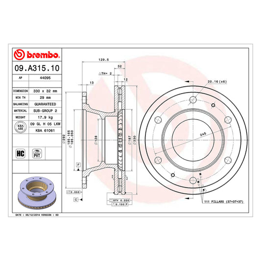 Tarcza hamulcowa 330 Ø mm wentylowana Brembo