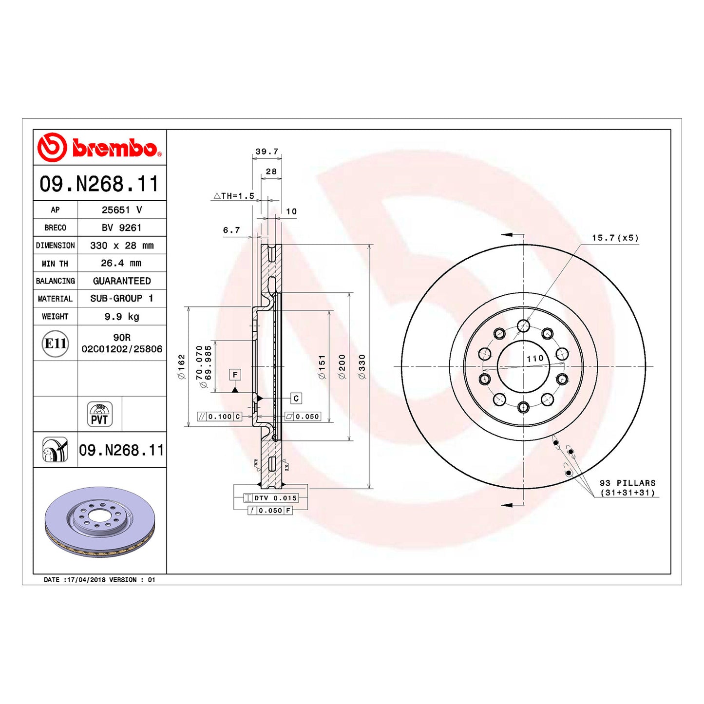Przednia tarcza hamulcowa powlekana, wentylowana, średnica 330 mm, Brembo