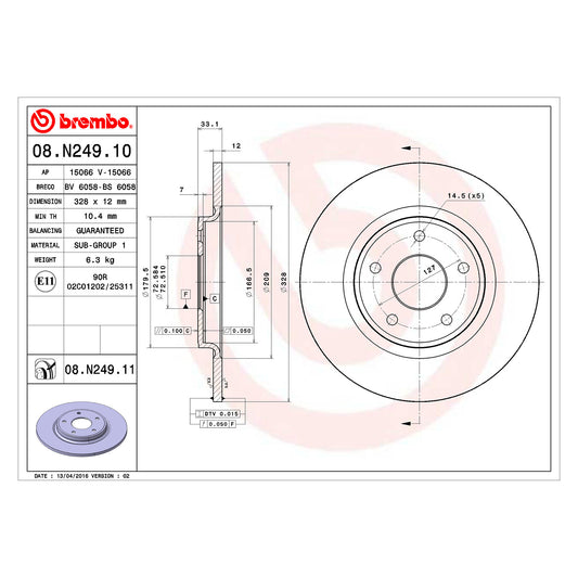 Tylna tarcza hamulcowa powlekana 328 Ø mm Brembo